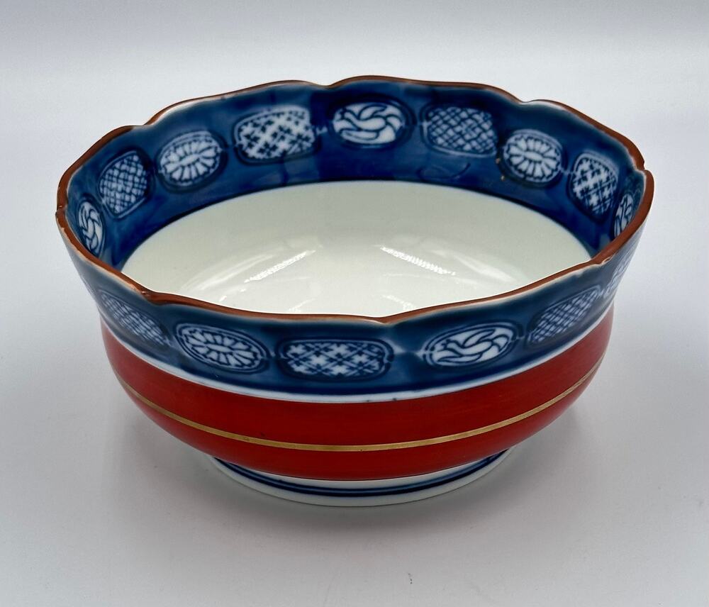 Vintage Takahashi Imari Revival 6" Bowl Persimmon Red, Blue & White 1960s